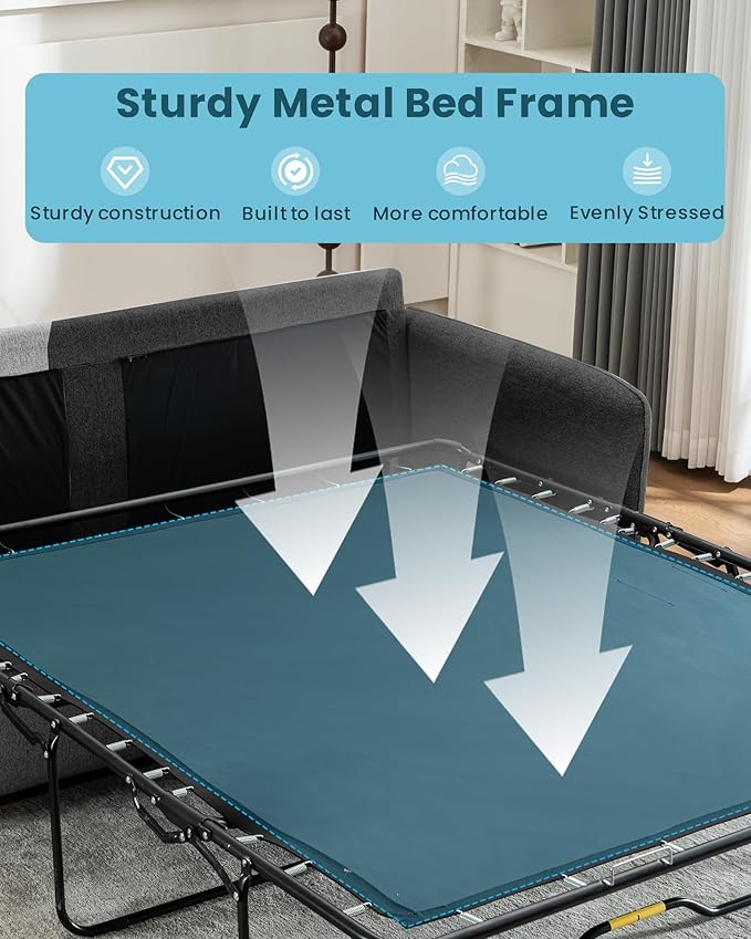 Queen Size Pull Out Sofa Bed, Convertible Sleeper Sofa Couch with Pullout Bed, 2 in 1 Sofa Bed Couch with Memory Foam Mattress for Living Room Office, Space-Saving, Dark Grey-Ruum Studio Home