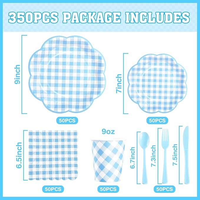350 Pcs Blue Gingham Plates and Napkins Party Supplies - Blue and White Checkered Plates Sets Serve 50 Guests - Scalloped Gingham Paper Plate for Birthday Dinner Wedding Baby Shower Party Decorations-Ruum Studio Home