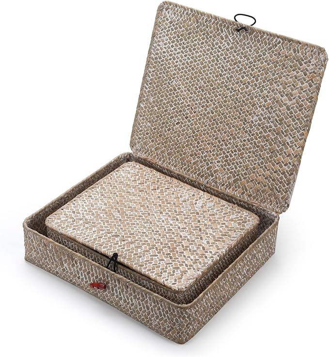 Whitewash Seagrass Basket with Lid Rectangular Decorative Storage Boxes for Shelf Organize Snack Toys Set of 2 (Large+Small)-Ruum Studio Home