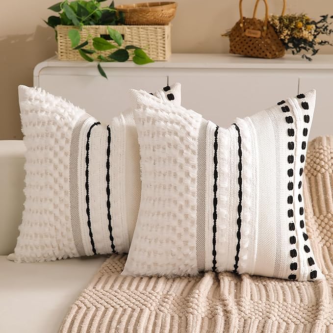 Boho Chenille Tufted Couch Throw Pillow Covers 18x18 Inch Set of 2 Farmhouse Striped Decorative Pillow Covers Accent Neutral Pillowcase Black Cushion Cover for Living Room Sofa Bed-Ruum Studio Home