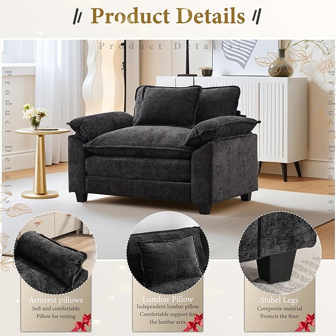 URRED Modular Sectional Sofa Comfy Cloud Couch, Modern Chenille Sofa Sleeper Deep Seat Couches with Ottoman/Pillows for Living Room (Black, 53'')-Ruum Studio Home