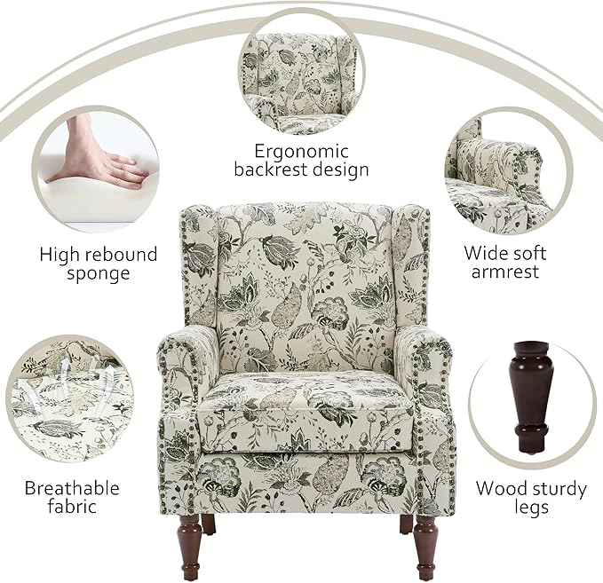 Lumibee Wingback Accent Chair, 2 Set High Back Floral Armchairs in Fabric,Comfy Upholstered Reading Single Sofa Chairs with Solid Wood Legs for Living Room,Bedroom,Office-Plants Beige-Ruum Studio Home