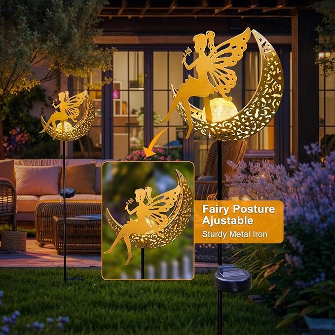 Fairy Moon Solar Lights Outdoor Garden Gifts for Mom Yard Decorations Stakes Lights, Waterproof LED Outside Backard Decor, Lawn Patio Ornaments, Mothers Day Birthday Gifts for Mom (Gold,1Pack)-Ruum Studio Home