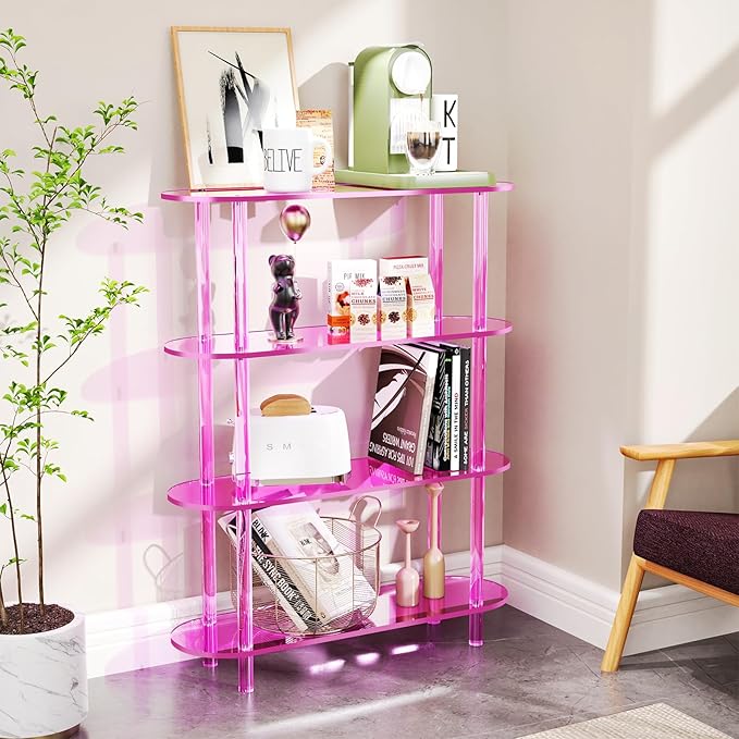 Clear Bookshelf, Acrylic Bookcase with Open Book Shelf Console Table for Entryway Office (4 Tier Pink)-Ruum Studio Home