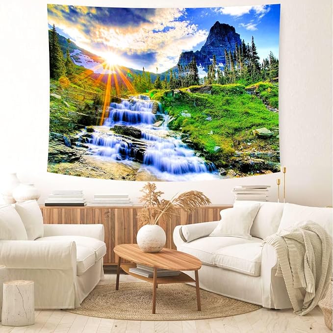 Delur Mountain Waterfall Tapestry Sunset Forest Tree Nature Landscape Tapestry Wall Hanging Tropical Sunrise Rainforest Psychedelic Scenic Headboard for Bedroom Living Room Home Decor (70.8" x 92.5")-Ruum Studio Home