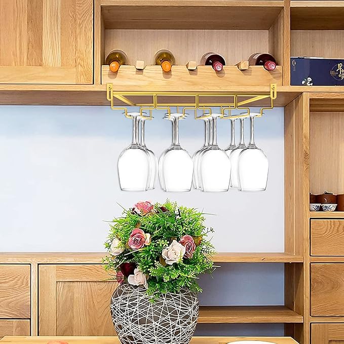 AUHOKY Adjustable Wine Glass Holder Under Shelf, Nail Free Metal Stemware Holder Storage Hanger, Hanging Wine Glasses Rack Organizer Under Cabinet Mount for Bar Kitchen (4 Rows, Gold)-Ruum Studio Home