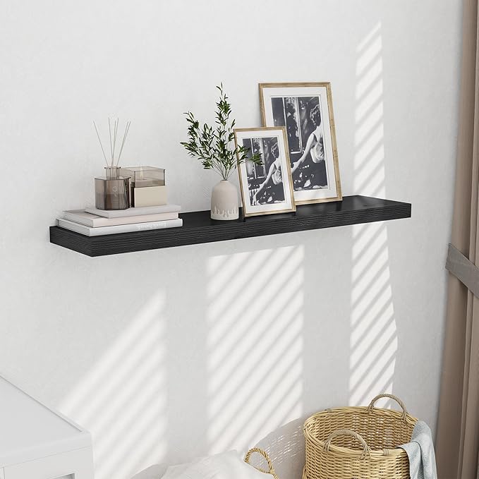 Fun Memories 10 Inch Deep Shelves, Floating Shelves for Wall 48 Inches Long, Wood Floating Shelves for Wall, Large Storage Shelves Wall Mount for Living Room Bedroom, Black, Set of 1-Ruum Studio Home