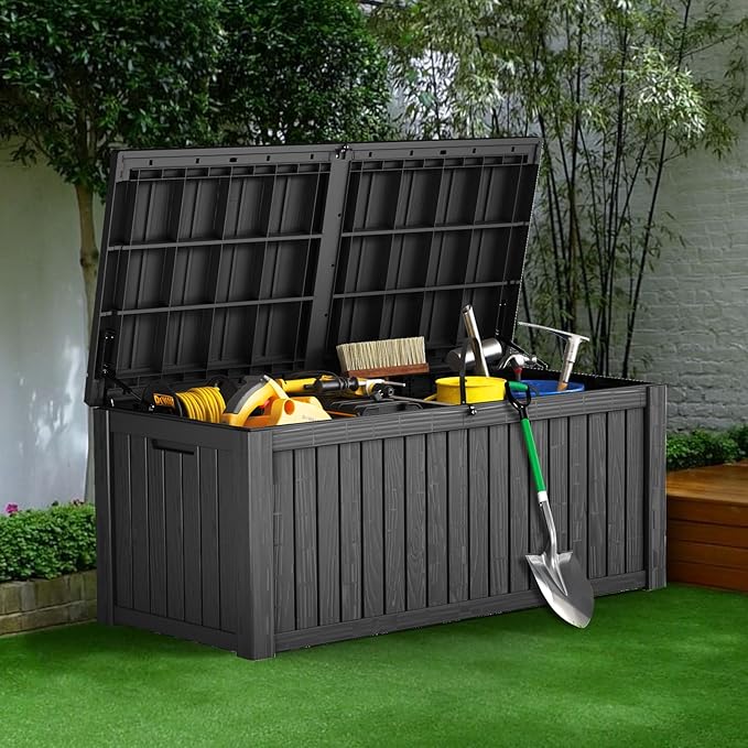 150 Gallon Outdoor Storage Cabinet, Large Outdoor Storage Box for Patio Furniture Covers, Cushion Pillows, Waterproof Deck Box with Lockable Lid for Garden Tools, Pool Accessories, Black-Ruum Studio Home