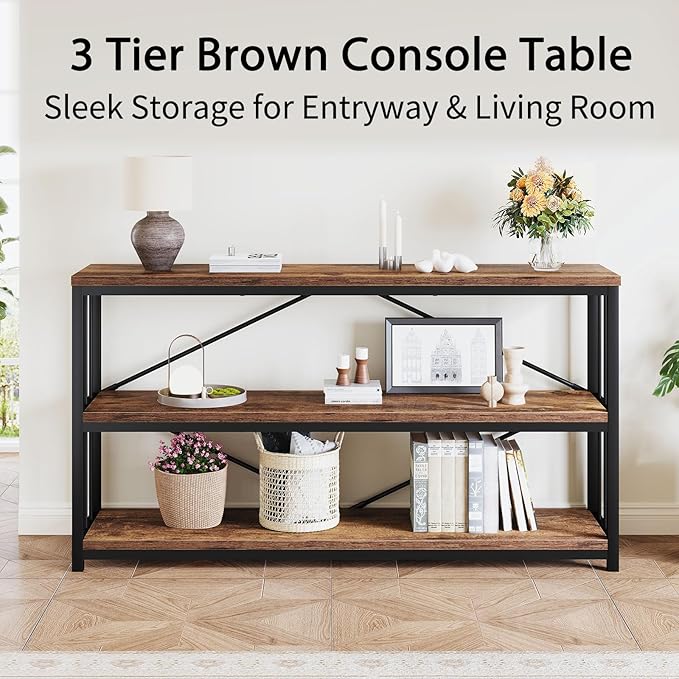 LVB Industrial Console Entryway Table, Metal Wood Rustic Sofa Table with Storage, Farmhouse 3 Tier Shelf Long Hallway Foyer Entry Tables Behind Couch for Home Living Room Entryway, Rustic Brown, 55 In-Ruum Studio Home