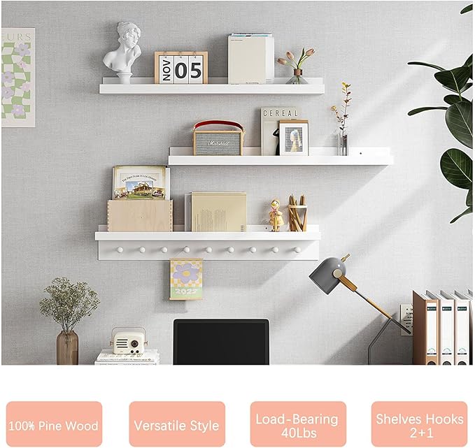 MBYD White Floating Shelves for Wall with Hooks, Nursery Book Shelves for Kids Room, 36 Inch Wall Mount Bookshelf for Living Room Bedroom Bathroom Kitchen, Hanging Picture Ledge Shelf Set of 3-Ruum Studio Home