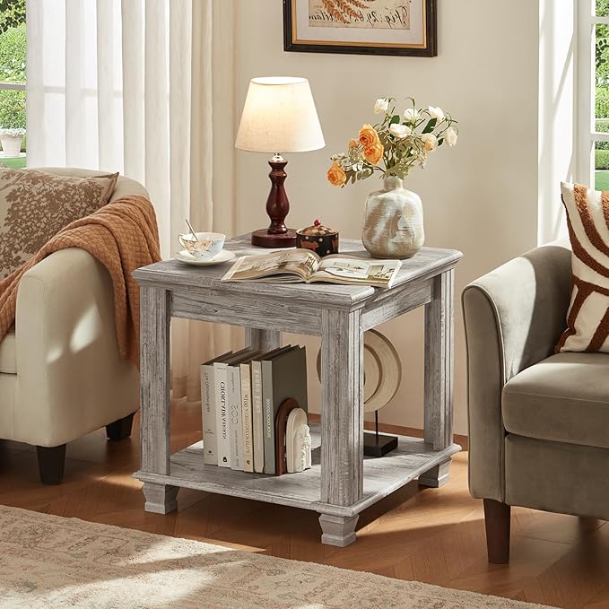 Farmhouse End Table,Large Side Table with 2-Tier Storage Shelf,Rustic Wood End Tables for Living Room,Square Tea Table,Gray-Ruum Studio Home