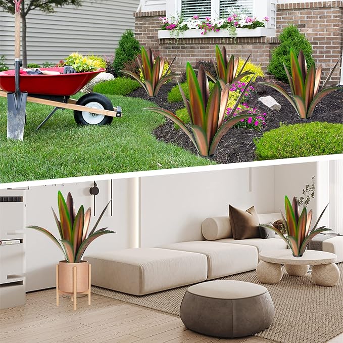 TOMBABY Enlarge thickened Wind Resistant Metal Agave Garden Art Plant Country Sculpture Statue Outdoor decoration Courtyard Lawn Ornament Gift (12 Leaves Green 2 pcs) (TB-410-415)-Ruum Studio Home