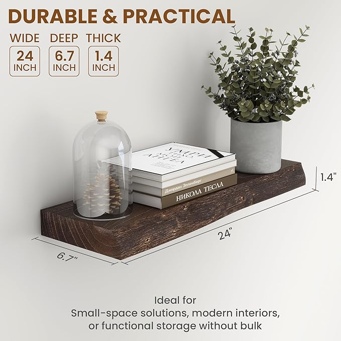 24" Floating Shelves, Live Edge Solid Elm Wood Floating Shelf, Wall Mounted Display Shelves with Heavy-Duty Bracket for Books, Rustic Wooden Shelf for Kitchen, Bathroom, Walnut Color, Set of 2-Ruum Studio Home