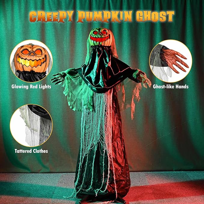 AW Scary Animated Halloween Decorations Jack-O-Lantern,Pumpkin Ghost Props 5.4 Ft Full Life Size with Motion/Sound Activated Glowing Head Horror Party Outdoor Indoor Decorations Farm Scarecrow 2025-Ruum Studio Home