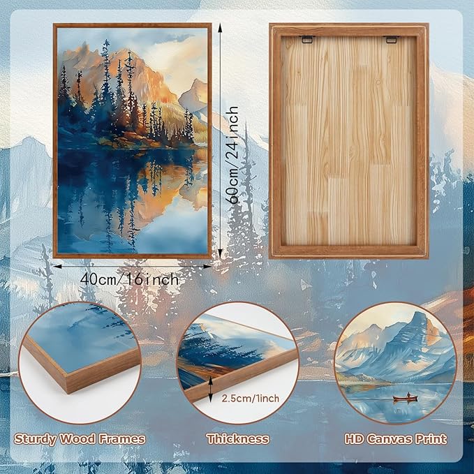 KAIRNE Framed Large Landscape Wall Art,Abstract Forest Prints Paintings,Watercolor Blue Mountain Lake Canvas,Nature Scenery Textured Artwork for Living Room Bedroom Home Office Gallery Decor,16”X24”-Ruum Studio Home
