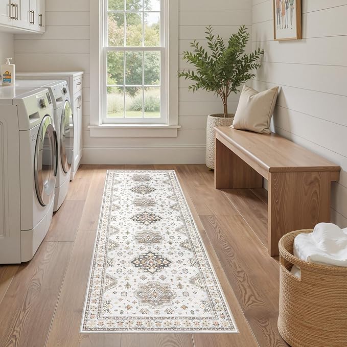 Washable 2x6 Runner Rug - Area Rugs Neutral Vintage Distressed Floral Farmhouse Boho Large Soft Floor Rug Indoor Carpet for Hallway Entryway Bedroom Kitchen - Blue Brown-Ruum Studio Home