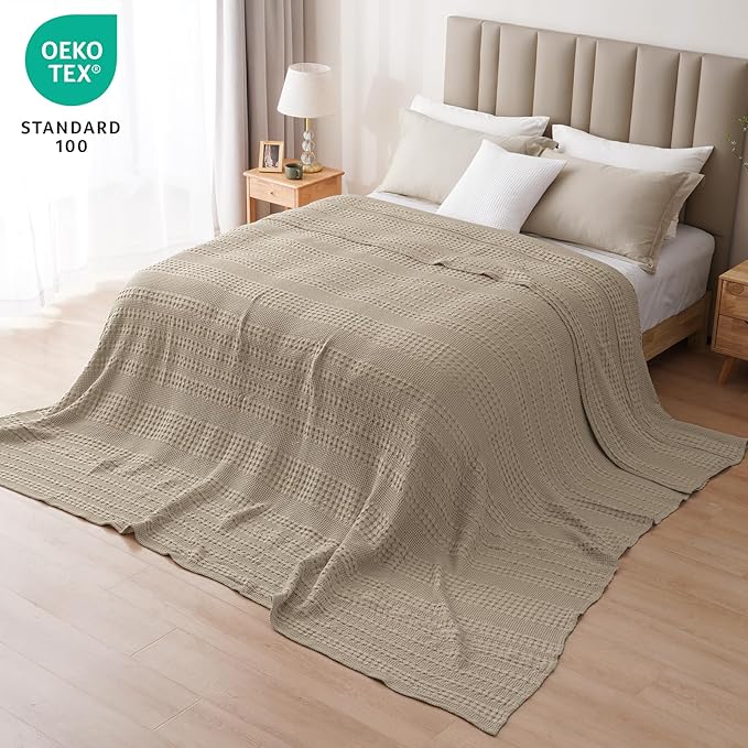 PHF 100% Cotton Waffle Blanket Oversized King 120"x120", Lightweight Breathable Extra Large 10'x10' Summer Blankets for Bed, Giant Big Luxury Aesthetic Woven Bedding for Home Decor, Simply Taupe-Ruum Studio Home