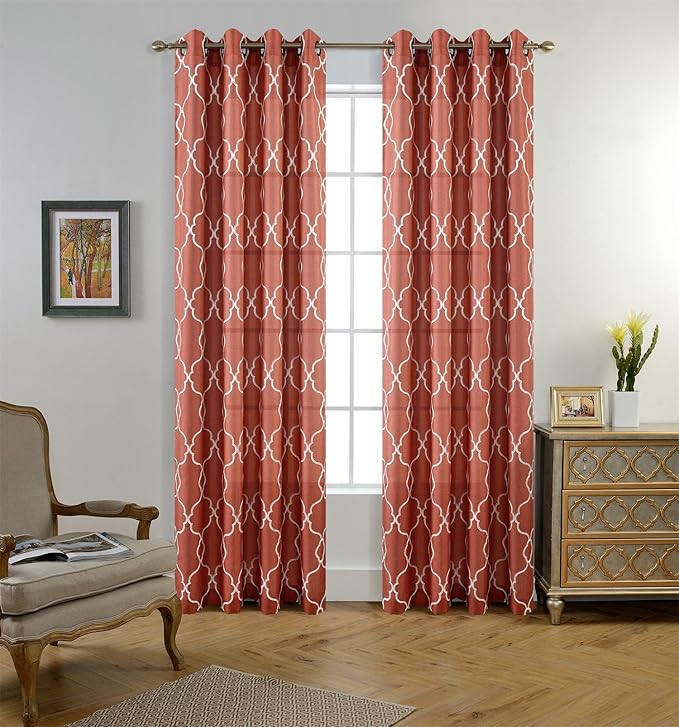 MIUCO Moroccan Embroidered Semi Sheer Curtains Faux Linen Extra Wide Grommet Window Panel Pair for Bedroom 52 x 95 Inch, Rust-Ruum Studio Home