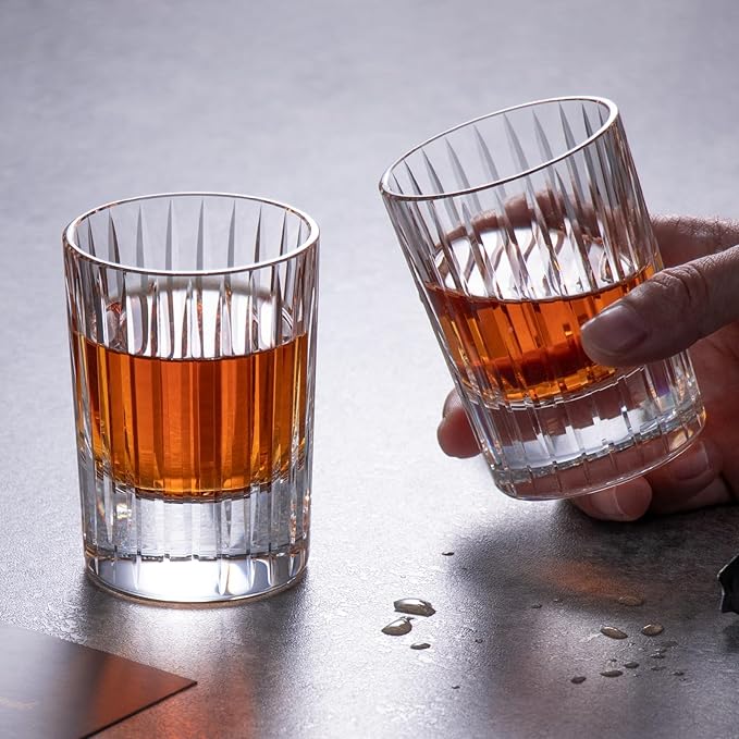 KAMMAK Crystal Whiskey Glasses Set of 2, Handcrafted 3.38oz Liquor Glasses, Luxury Old Fashioned Glasses Stemless, Hand Blown Scotch Cup for Women, Men Barware Gift for Cocktail, Bourbon-Ruum Studio Home