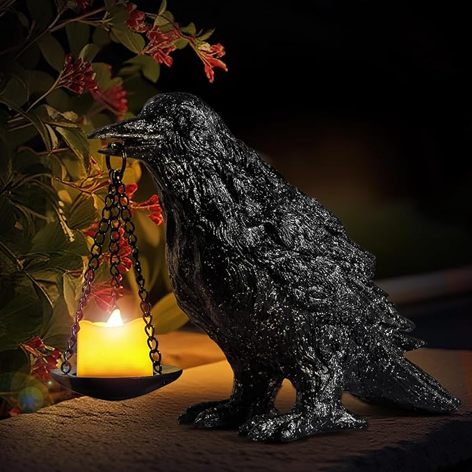 Gothic Crow Lamp Tealight Candle Holder Raven Statue for Indoor Outdoor Decor Halloween Garden Resin Statue Black Stone-Ruum Studio Home