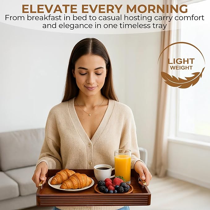 Acacia Wood Serving Tray with Metal Handles – 17x12in Rustic Decorative Ottoman & Coffee Table Tray for Breakfast in Bed, Dinner, Bar, Kitchen, Home Décor & Entertaining-Ruum Studio Home