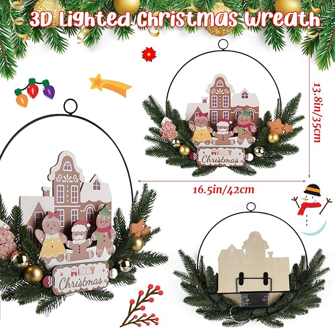 Light up Christmas Wreaths for Front Door, Welcome Metal Wooden Door Wreath Decor Hanging Sign, 30 LED Lighted Wall Decor Battery Operated for Halloween Indoor Outdoor (Gingerbread Man)-Ruum Studio Home