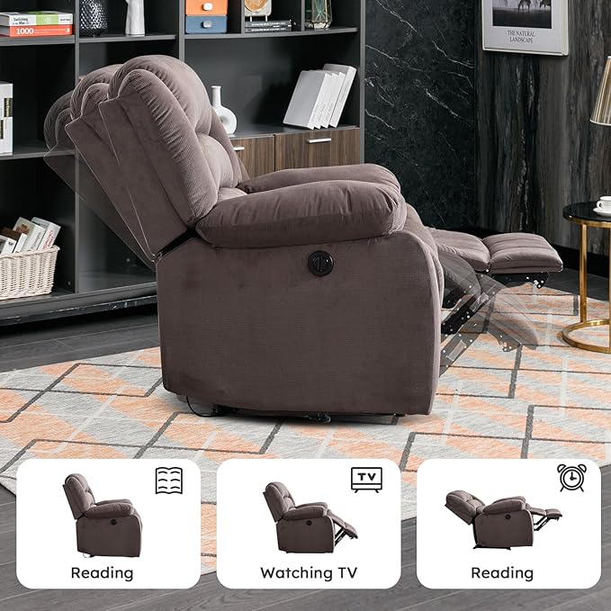 EBELLO Classic Power Recliner Chair, Oversized Electric Reclining Chair with Overstuffed Cushion and Back, Soft Fabric Adults Single Recliner Sofa for Living Room, Set of 2 Brown-Ruum Studio Home