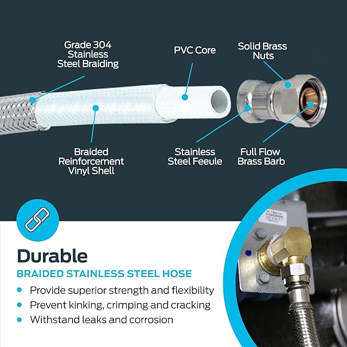Eastman Dishwasher Installation Kit, 12 Foot Hose with Adapters, 3/8 Inch MIP x 3/4 Inch FHT Elbows, Braided Stainless Steel Connectors, 69008-Ruum Studio Home