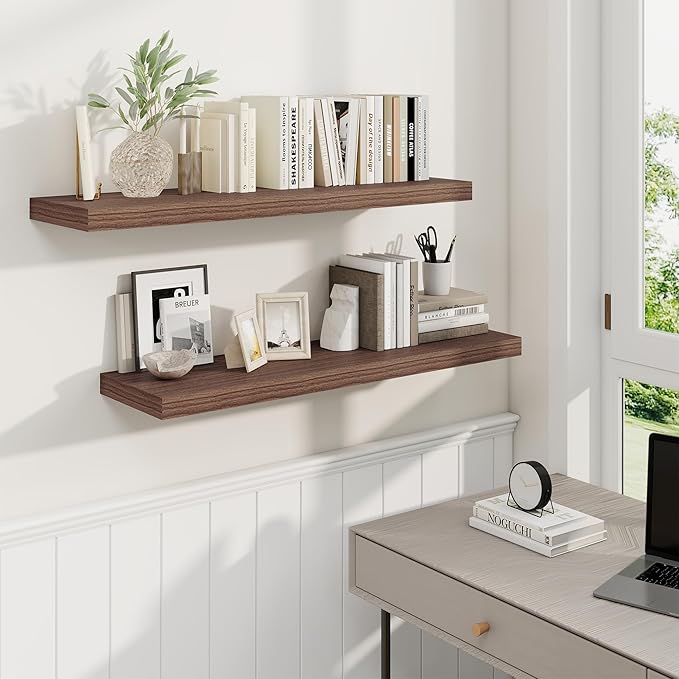 36 Inch Floating Shelves, 9.3 Inch Deep Rustic Wall Shelves - Extra Deeper Wall Mounted Storage Shelves for Bathroom, Kitchen, Living Room (Walnut, Set of 2)-Ruum Studio Home