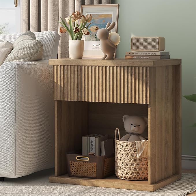 Fluted Nightstand, 22.8" Wide Nightstands with Drawer Storage Large Wood BedsideTable Night Stand for Bedroom Living Room Office, Natural Oak-Ruum Studio Home