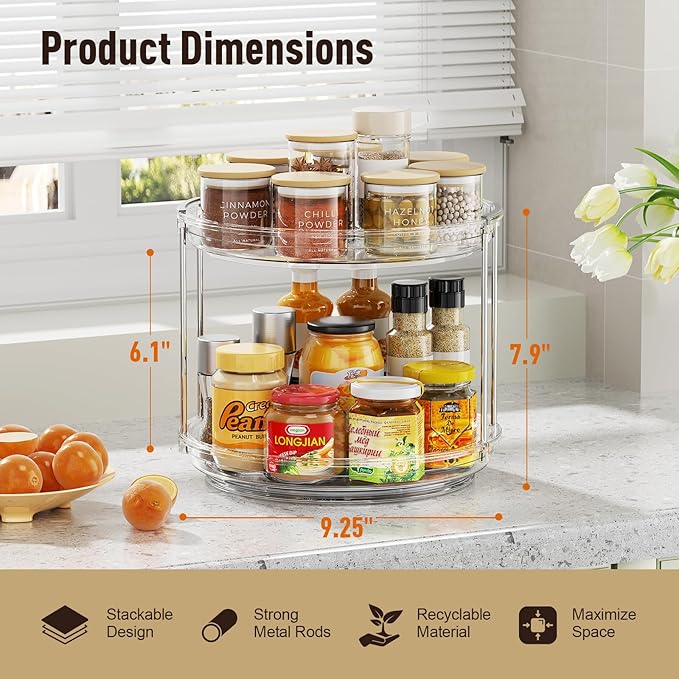 2 Tier Lazy Susan Organizer, 9.25'' Lazy Susan Turntable for Cabinet, Stackable Turntable Organizer Rotating Spice Rack Organization for Kitchen Countertop, Pantry, Bathroom, Clear-Ruum Studio Home