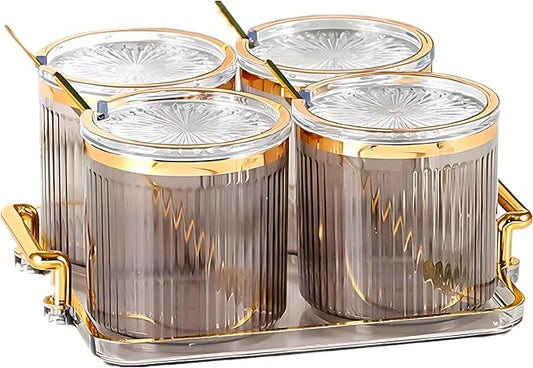 Acrylic Condiment Spice Jars,Condiment Spice Box With Lids and Spoons and Tray,Clear Plastic Condiment Canisters,Seasoning Box 4 Pack,Seasoning Box Set for Kitchen to Storage Salt,Paprika,Sugar-Ruum Studio Home