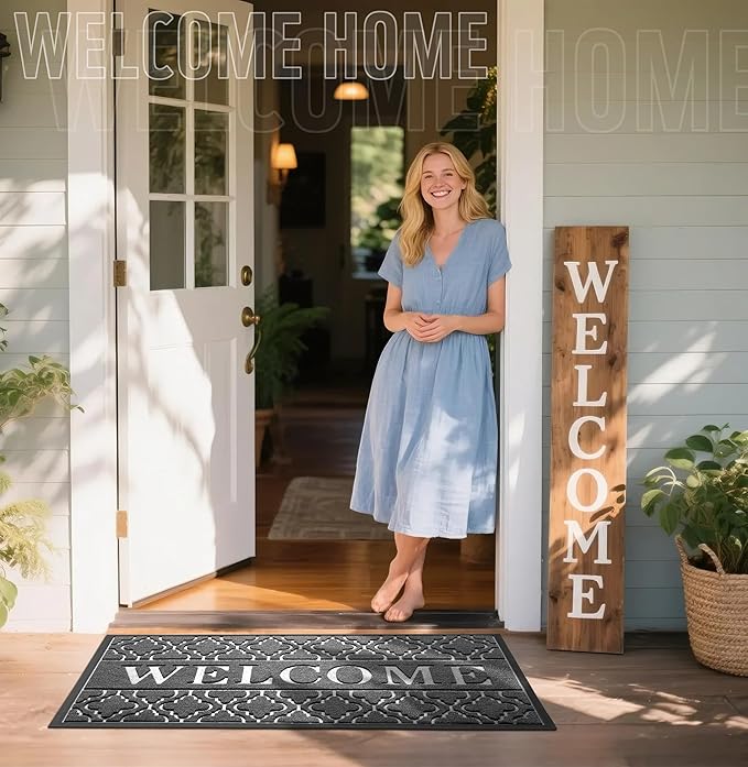 Yimobra Welcome Mat Outdoor Indoor, All-Season Waterproof Front Door Mat Outside Entrance, All-Weather Heavy Duty Non-Slip Doormat, Low Profile Porch Patio Entrance Mats, 47x24, Dark Grey-Ruum Studio Home