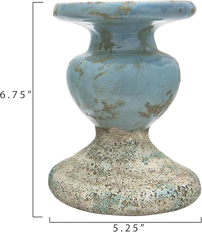Creative Co-Op Large Distressed Blue Terracotta Pillar Candle Holder-Ruum Studio Home