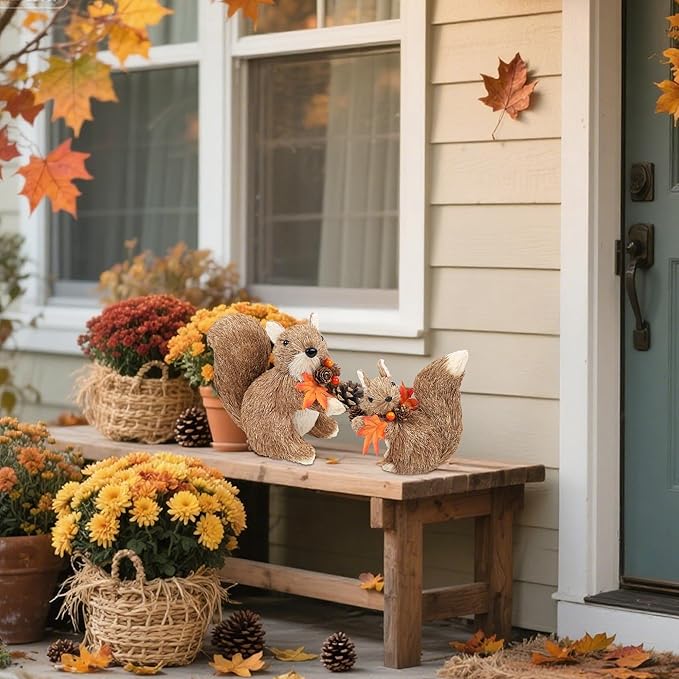 winemana Set of 2 Fall Table Decor-Squirrels with Leaves Pine Cones Thanksgiving Home Decorations Indoor Sisal Figurines, Cozy Fall Office Harvest Centerpiece Christmas Kitchen Décor-Ruum Studio Home