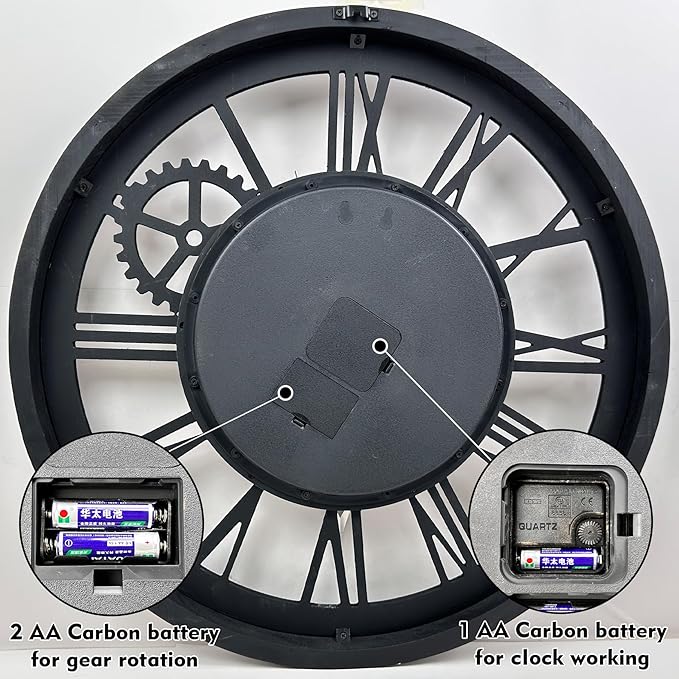 The B-Style Large Wall Clock 24 inch Moving Gear Wall Clock Oversized Vintage Farmhouse Wall Clocks for Living Room Decor Rustic Industrial Wood Clock (Black walunt Wood and Bronze)-Ruum Studio Home