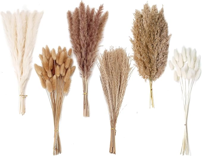 Dried Pampas Grass Decor, 120 PCS Pampas Grass with Bunny Tails Dried Flowers, Reed Grass Bouquet for Wedding, Boho Flowers, Home Table Decor, Rustic Farmhouse Party (White and Brown)-Ruum Studio Home