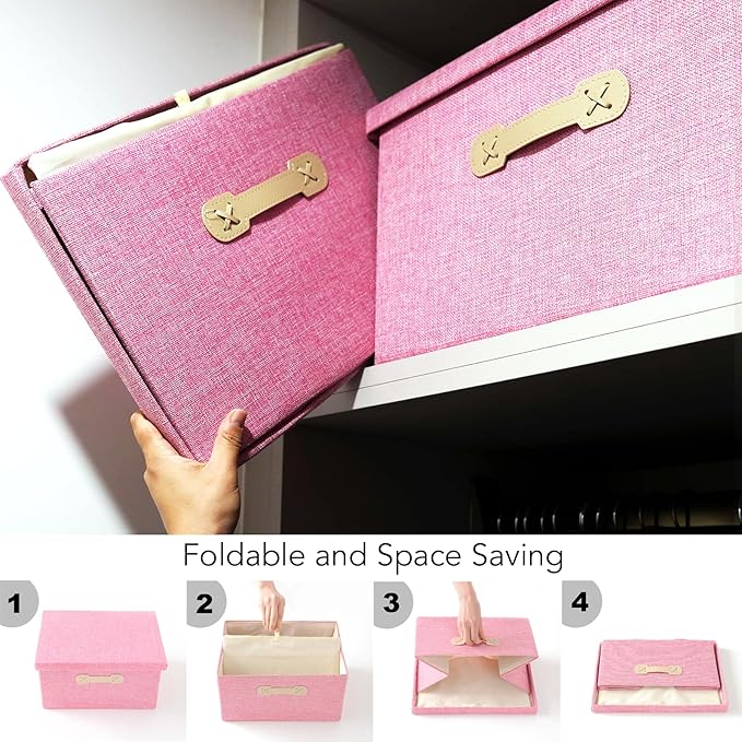 Enzk&Unity Decorative Storage Bins with Lids, Fabric Linen Foldable Storage Box with Handle Home Organizer for Shelf, Closet, Bedroom, Living Room, Office, 3 Packs, Pink-Ruum Studio Home