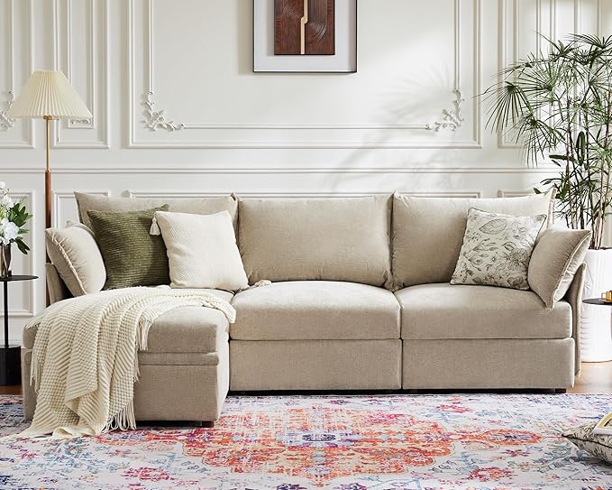 102.6" Modular Sectional Sofa, Oversized 3-Seater Couch with Removable Beige Chenille Fabric Cover, Deep Seat & High Backrest for Living Room, Office & Apartment-Ruum Studio Home