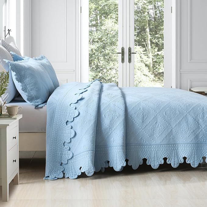 MarCielo 3-Piece 100% Cotton Oversized Bedspread Lightweight Quilt Coverlet Embroidery Farmhouse Bedding Set (TK Light Blue, Oversized King (118"x106"))-Ruum Studio Home