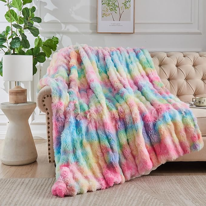 Lotus Karen Faux Fur Throw Blanket Rainbow - Big Bubble Rabbit Fluff Blanket for Couch, Small Fluffy Fuzzy Cozy Blanket, Thick Furry Plush Shaggy Blankets, 50x60 Inches-Ruum Studio Home