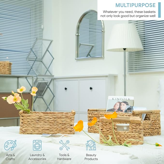 VATIMA Hyacinth Wicker Basket Set 3 size - Rectangular, Wooden Handles, Shelf Organizer, Natural Bins-Ruum Studio Home