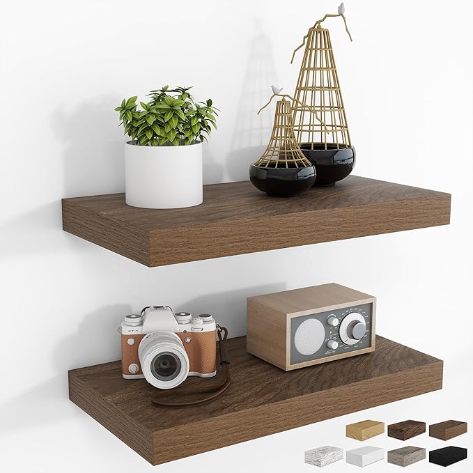 RICHFOCUS 16Inch Floating Shelves for Wall 2 Pack Shelves for Bedroom|Kitchen|Bathroom Wall Mounted Rustic Wood Floating Shelf with Invisible Brackets for Books|Storage|Decor, Walnut-Ruum Studio Home