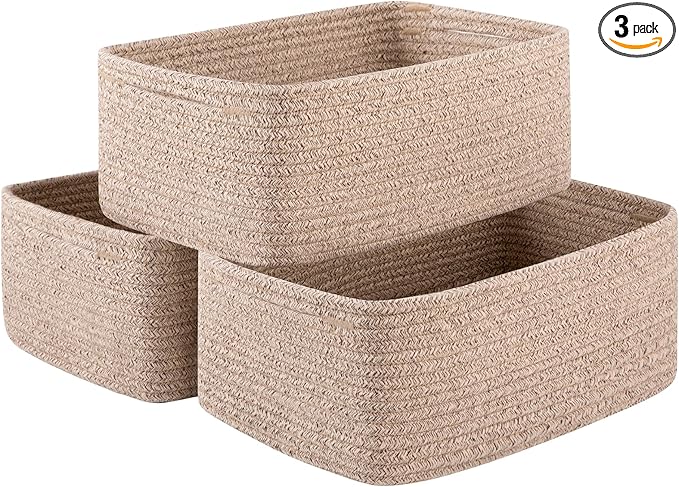3 Pack Small Storage Baskets for Organizing, Cute Woven Decorative Gift Baskets for Shelves, Mini Closet Organizer Bins with Handles-13''Lx8.66''Wx5.11''H-Brown-Ruum Studio Home