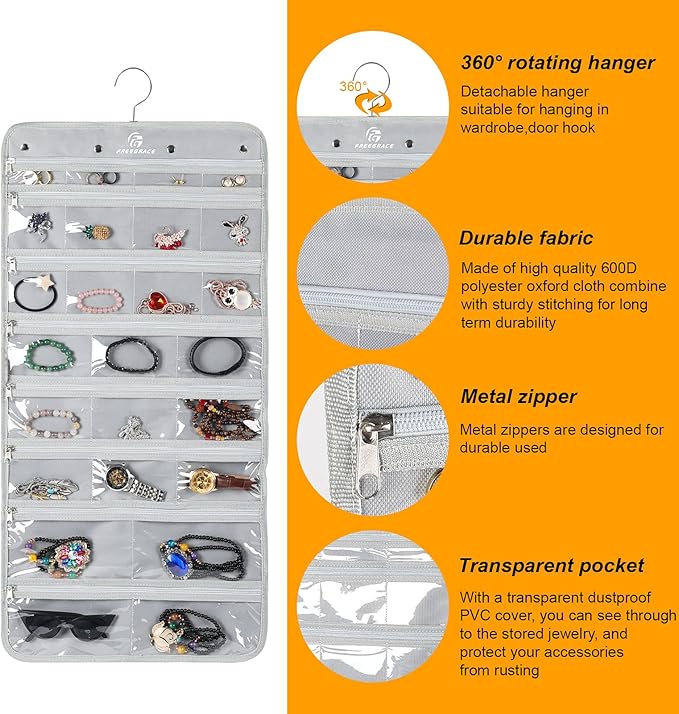 Freegrace Hanging Jewelry Organizer Revolving Hanger - Secure Zipper Closure - 25 Pockets,23 Hooks - Foldable Storage & Display Solution - For All Jewelry & Bijoux (Gray)-Ruum Studio Home