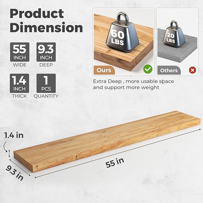 RICHFOCUS Elm Floating Shelves for Wall - 55" W x 9.3" D Rustic Solid Wood Shelves with Invisible Bracket, Wall-Mounted for Living Room, Bedroom, Kitchen Storage & Display, Set of 1, Natural-Ruum Studio Home