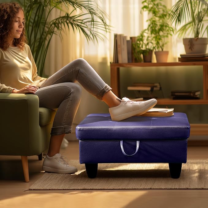 Ottoman Rectangular Storage Ottoman Bench, Faux Leather Footrest, Coffee Table, Stool Footstool with Hinged Lid for Living Room, Bedroom, Entryway, Blue, 28.5"x19"x17.5"-Ruum Studio Home