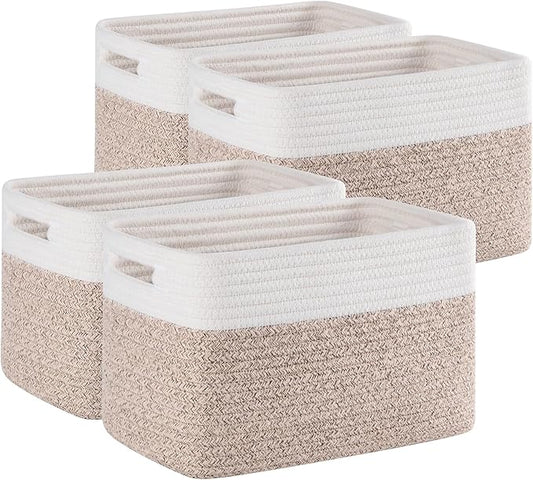 4 Pack Storage Baskets for Organizing, Woven Baskets for Shelves - Perfect for Toys, Books, Towels, and Clothes, Durable Gift Basket Bins Toy Storage, 12.7''Lx9''Wx7.8''H, Brown & White-Ruum Studio Home