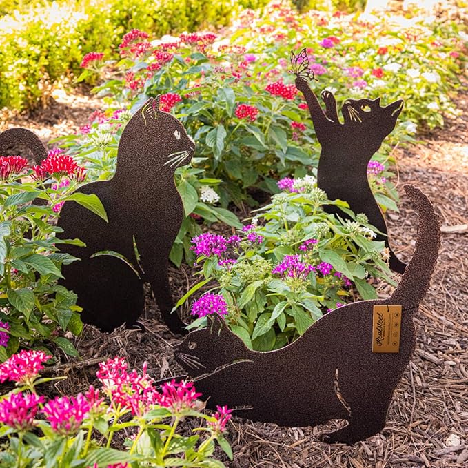 RealSteel I 3 Pack Steel Cat Garden Decor I Outdoor Yard Decorations I Gift for Cat Lovers I Lawn Ornaments and Statues I Garden Signs Decorative Outdoor - Textured Silver-Ruum Studio Home