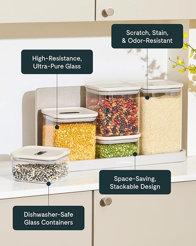 Caraway 1qt Glass Airtight Food Storage Container with Lid – Non-Toxic, BPA-Free Kitchen Storage Container – Stackable, Space-Saving Airtight Container for Dry Goods and More - Gray-Ruum Studio Home
